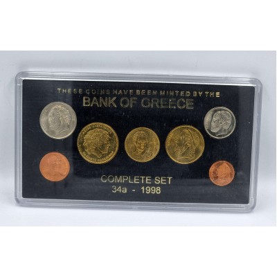 GREECE 1998 UNC COMPLETE YEAR DRACHMAS COIN SET IN CASE