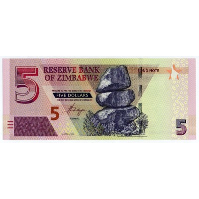 Zimbabwe 5 Dollars 2016 P-100 UNC, Bond Note Giraffe