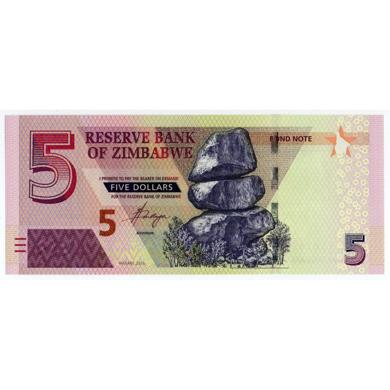 Zimbabwe 5 Dollars 2016 P-100 UNC, Bond Note Giraffe WORLD BANKNOTES