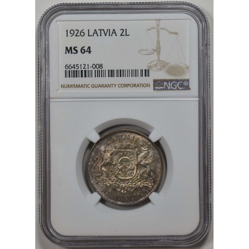 LATVIA SILVER 2 LATI COIN 1926 NGC MS64 WORLD COINS
