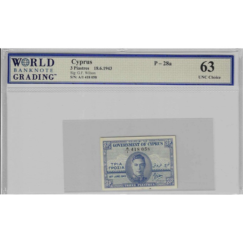 CYPRUS KGVI 1943 3 PIASTRE BANKNOTE UNC WBG 63 p28 WORLD BANKNOTES