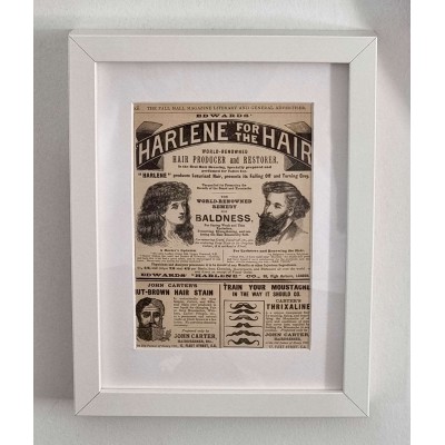 VINTAGE ORIGINAL PAPER AD - PALL MALL MAGAZINE LONDON 1890 - HARLENE & JOHN CARTERS HAIR SALOON - BARBER SHOP  - FRAMED