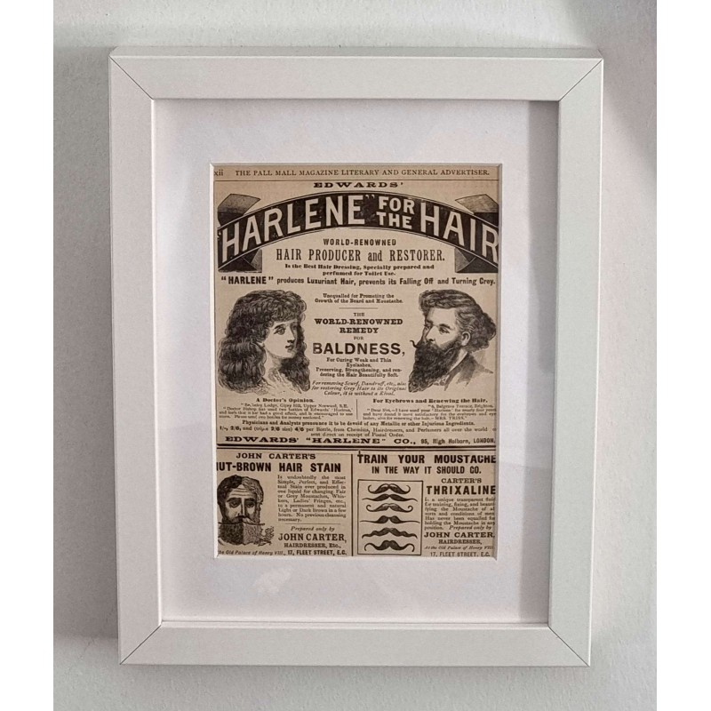 VINTAGE ORIGINAL PAPER AD - PALL MALL MAGAZINE LONDON 1890 - HARLENE & JOHN CARTERS HAIR SALOON - BARBER SHOP  - FRAMED ANTIQUES & OTHER COLLECTIBLES