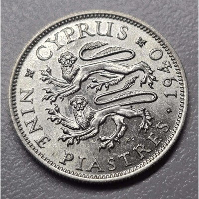 CYPRUS SILVER 9 PIASTRES COINS 1940 AU+