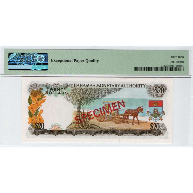 BAHAMAS SPECIMEN 20 DOLLARS P31s BANKNOTE 1968 PMG 63 EPQ QEII WORLD BANKNOTES