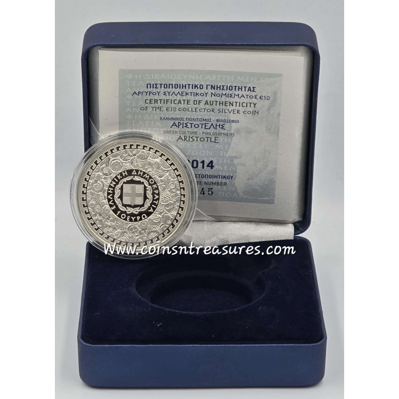 GREECE 2014 ARISTOTLE SILVER PROOF COIN 10 EURO ARISTOTELIS WORLD COINS