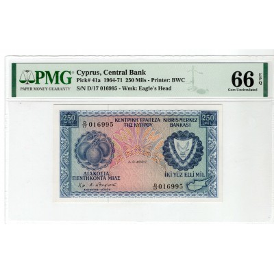 CYPRUS 250 MILS 1968 BANKNOTE UNC PMG 66 p41a