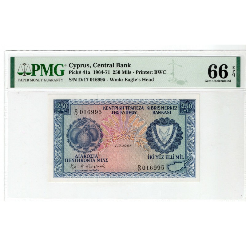 CYPRUS 250 MILS 1968 BANKNOTE UNC PMG 66 p41a WORLD BANKNOTES