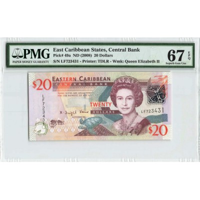 East Caribbean States ND (2008) P-49a PMG Superb Gem UNC 67 EPQ 20 Dollars banknote QEII