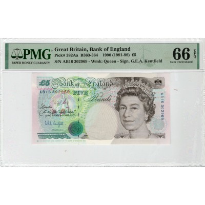 GREAT BRITAIN 5 POUND 1990 P382a BANKNOTE QEII PMG 66 EPQ