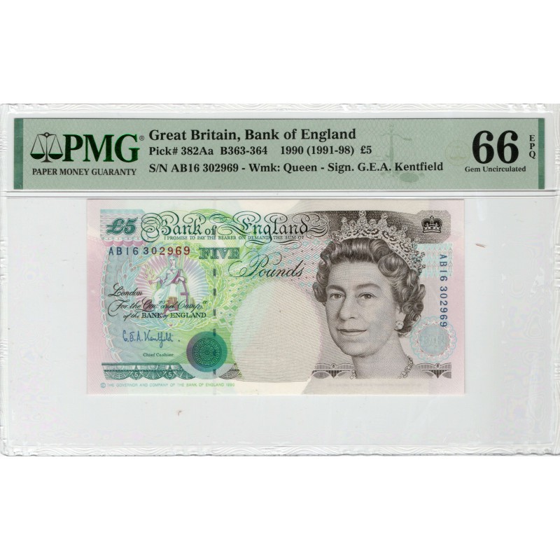 GREAT BRITAIN 5 POUND 1990 P382a BANKNOTE QEII PMG 66 EPQ WORLD BANKNOTES