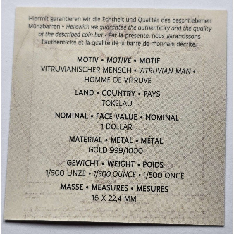 Tokelau Coin Bar 1/500 .999 Gold Da Vinci Vitruvian man GOLD AND SILVER BULLION