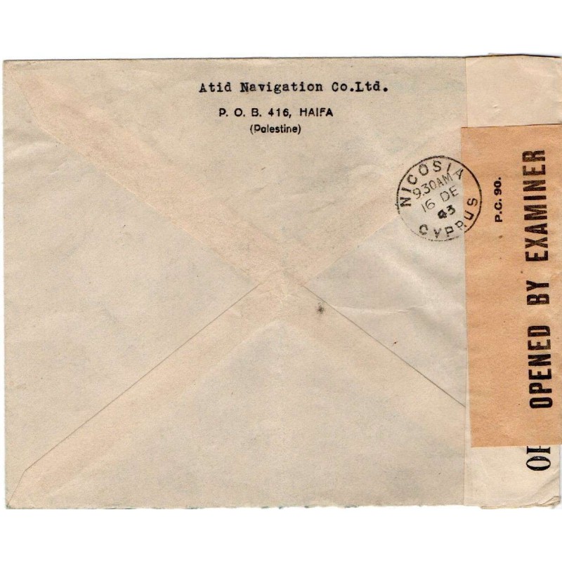 CYPRUS POSTAL HISTORY - KGVI 1943 CENSORED OPEN BY EXAMINER CENSOR M/7 PALESTINE TO CYPRUS CYPRUS STAMPS