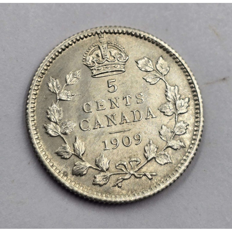 Canada 1909 King Edward Silver coin 5 Cents maple leaves UNC WORLD COINS