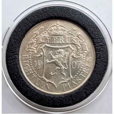 CYPRUS SILVER 18 PIASTRES 1907 KING EDWARD COIN AU+ KEY DATE