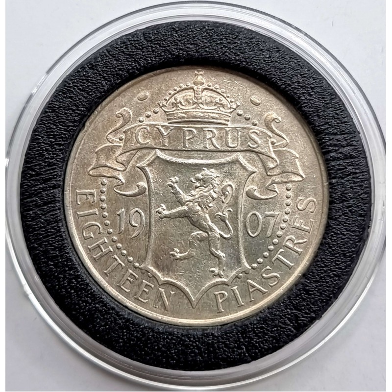 CYPRUS SILVER 18 PIASTRES 1907 KING EDWARD COIN AU+ KEY DATE WORLD COINS