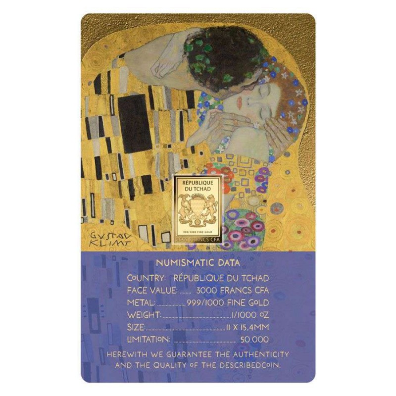 Gustav Klimt The Kiss 1/1000 Oz Gold Coin 3000 Francs Chad 2024 GOLD AND SILVER BULLION