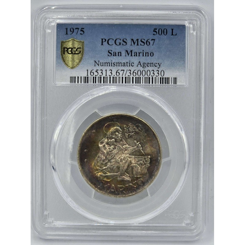 SAN MARINO 1975 SILVER 500 LIRE PCGS MS67 TOP RAINBOW COLOR WORLD COINS