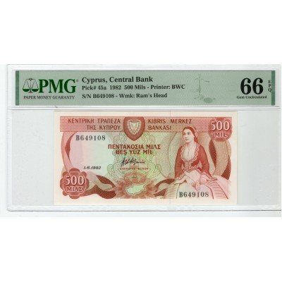 CYPRUS 500 MILS 1982 BANKNOTE PMG 66 EPQ p45