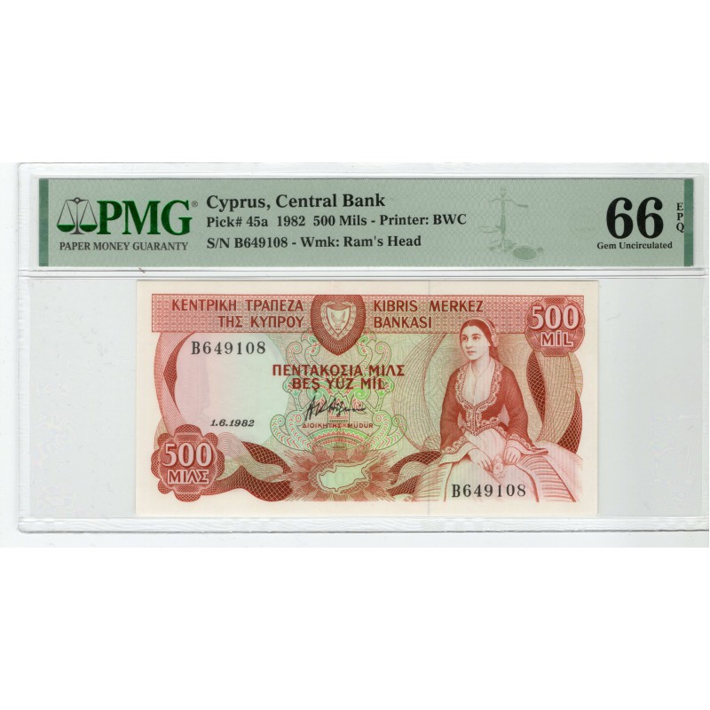 CYPRUS 500 MILS 1982 BANKNOTE PMG 66 EPQ p45 WORLD BANKNOTES