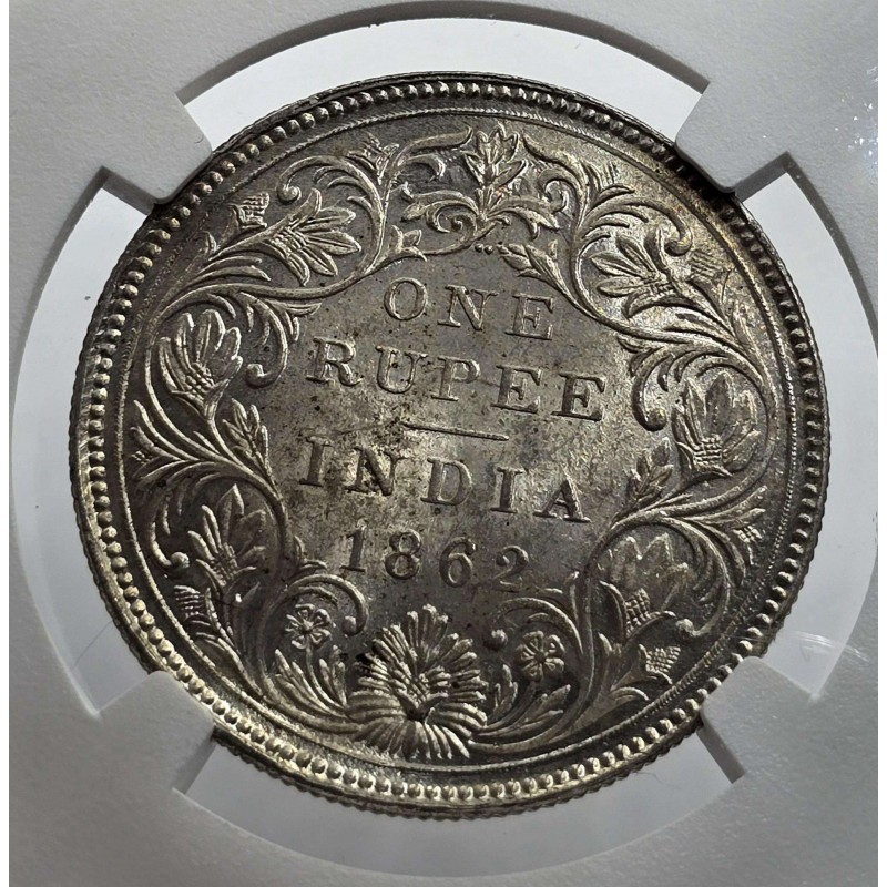 British India Silver 1 rupee 1862 B Victoria Gothic style NGC MS62 WORLD COINS