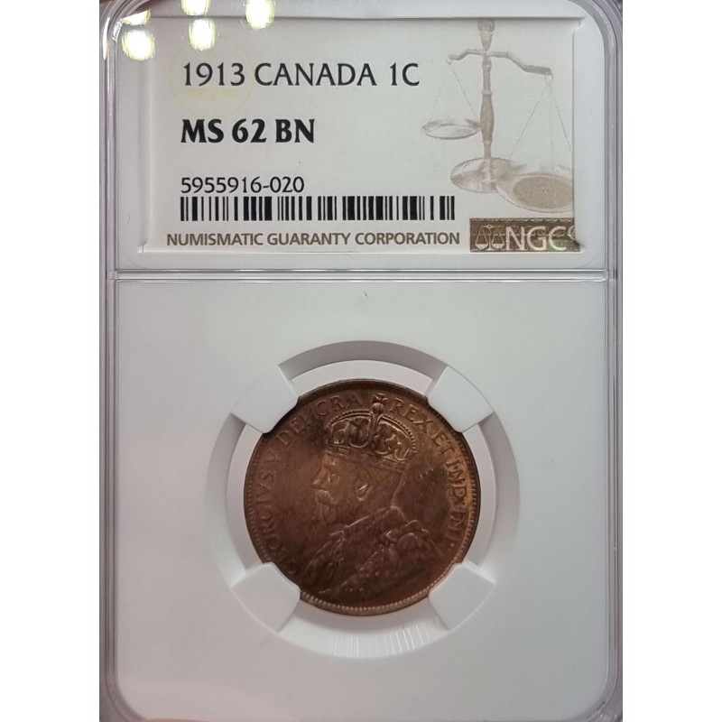 Canada 1 Cent 1913 UNC KGV coin NGC MS 62 BN WORLD COINS