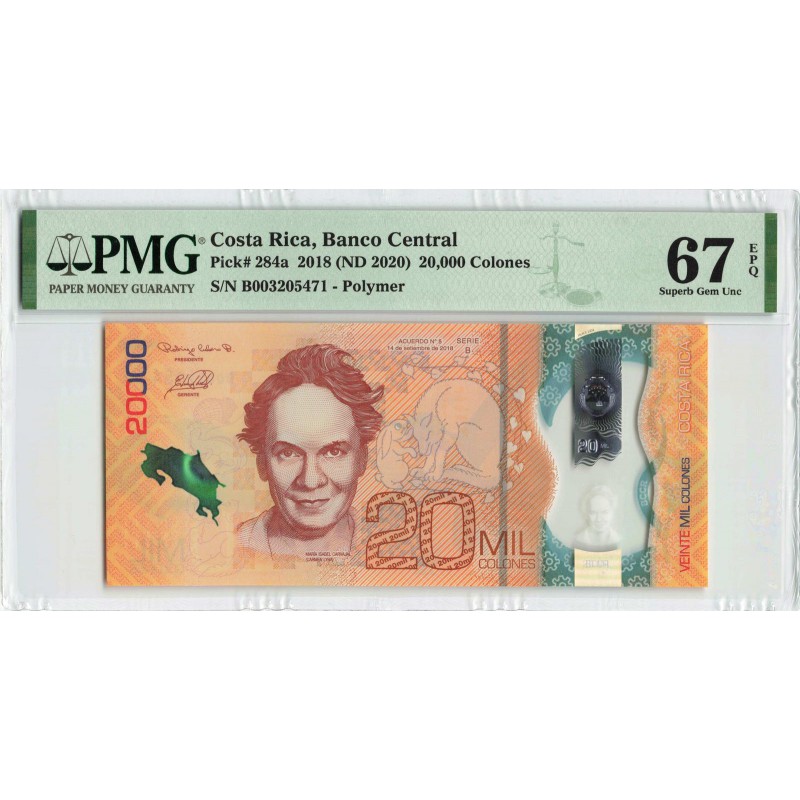 Costa Rica 2018 (ND 2020) P-284a PMG 67 EPQ 20,000 Colones banknote WORLD BANKNOTES