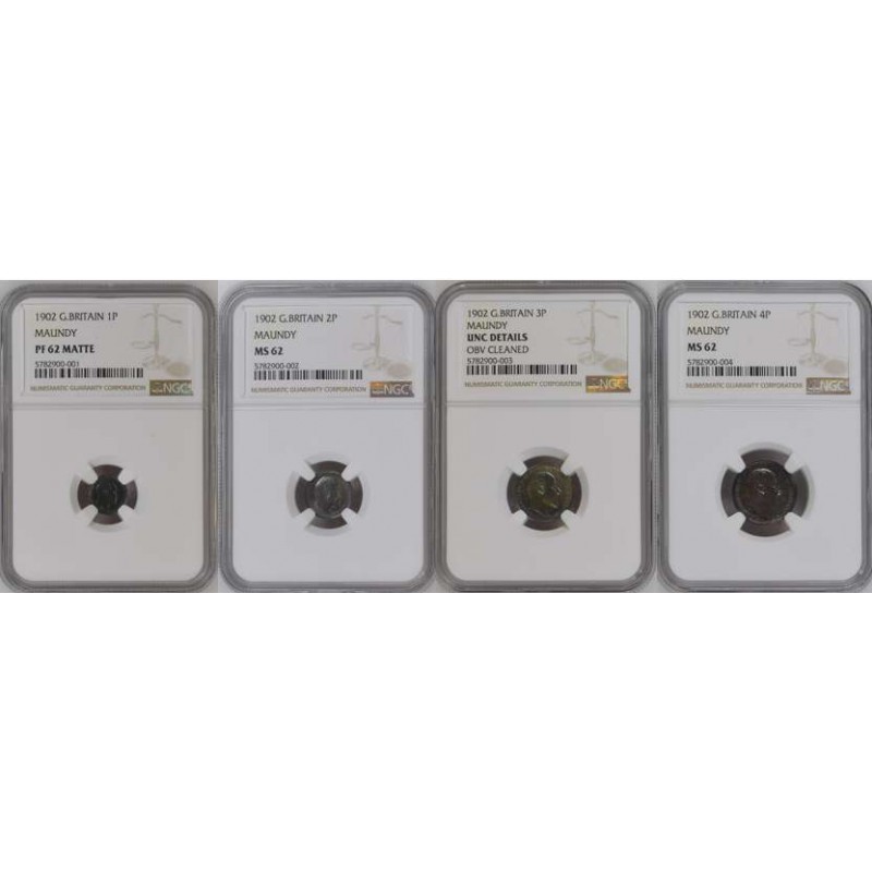GREAT BRITAIN Complete Maundy set of 4 coins 1902 NGC Graded WORLD COINS