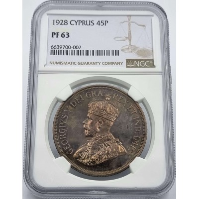 CYPRUS 45 PIASTRES 1928 SILVER PROOF COIN NGC PF63 RARE