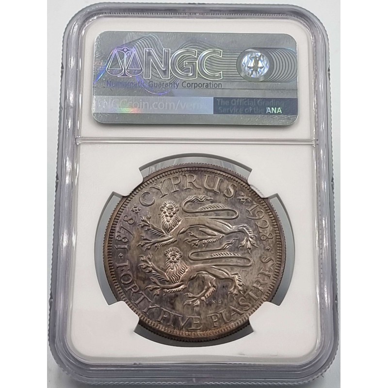 CYPRUS 45 PIASTRES 1928 SILVER PROOF COIN NGC PF63 RARE WORLD COINS