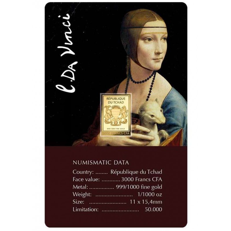 Da Vinci Lady with an Ermine 1/1000 Oz Gold Coin 3000 Francs Chad 2024 GOLD AND SILVER BULLION