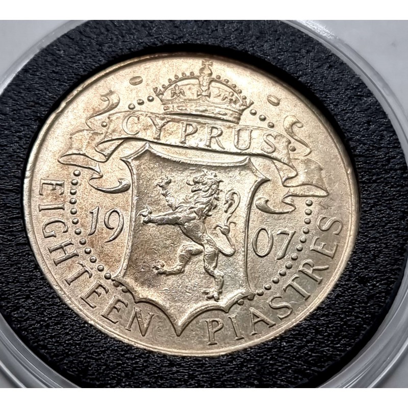CYPRUS SILVER 18 PIASTRES 1907 KING EDWARD COIN AU+ KEY DATE WORLD COINS
