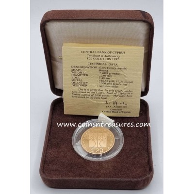 CYPRUS 1992 GOLD PROOF COIN 20 POUNDS UNIVERCITY OF CYPRUS BOX AND COA