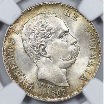 ITALY SILVER LIRA UBERTO I 1887 M NGC MS66+