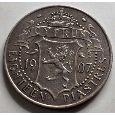 CYPRUS SILVER 18 PIASTRES 1907 KING EDWARD COIN AU+