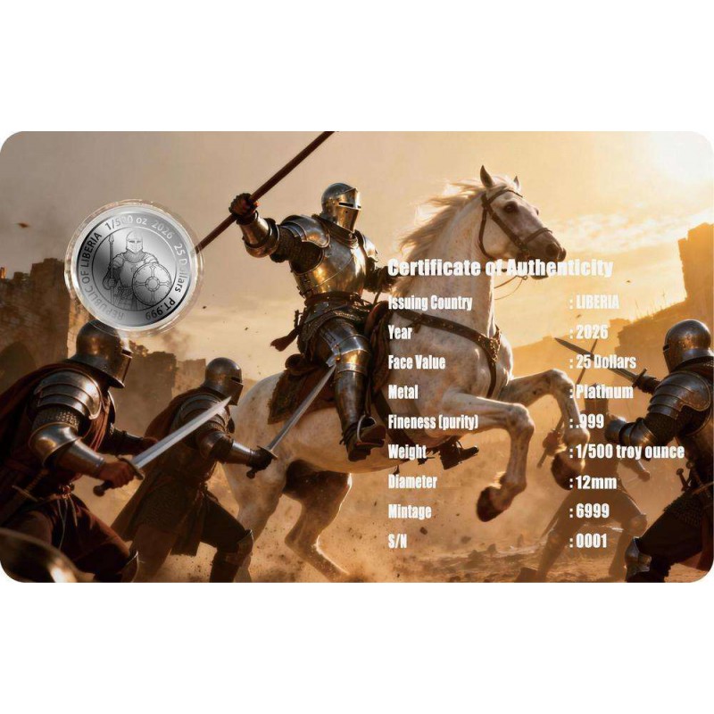 Knight Plate Armour 1/500 oz .999 Platinum Coin Liberia 2026 Card GOLD AND SILVER BULLION
