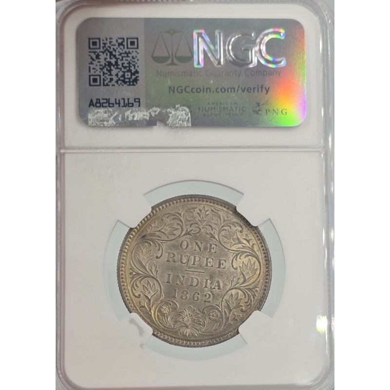 British India Silver 1 rupee 1862 Victoria Gothic style NGC MS62 WORLD COINS