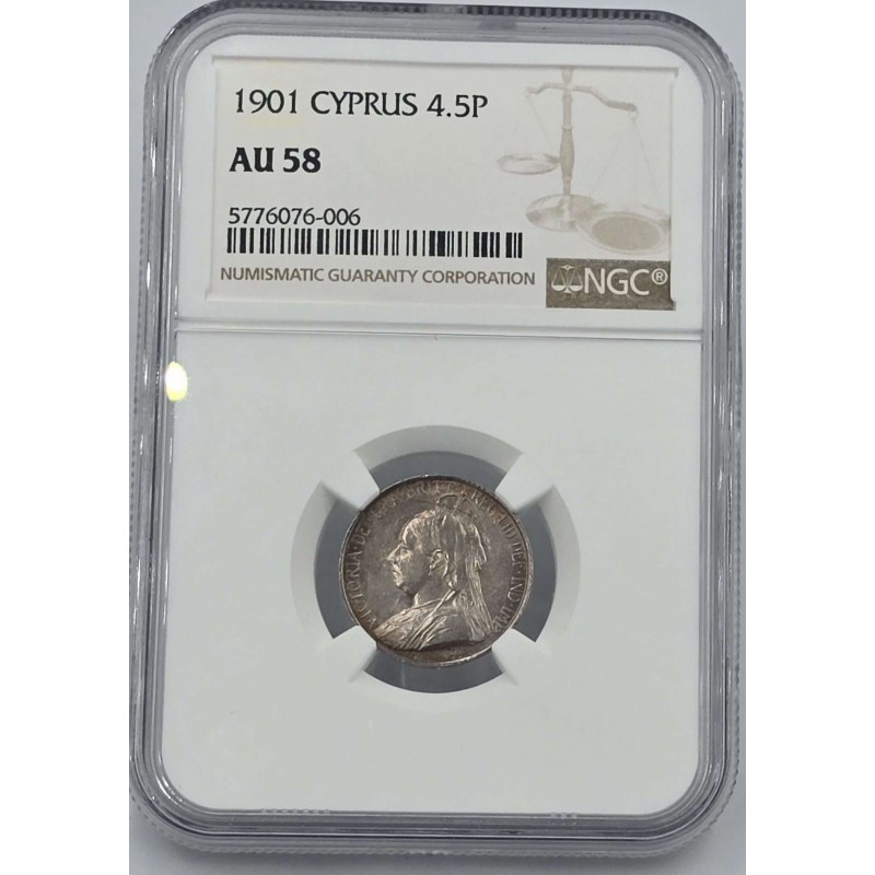 CYPRUS 4.5 SILVER PIASTRE COIN 1901 QUEEN VICTORIA NGC AU58 WORLD COINS