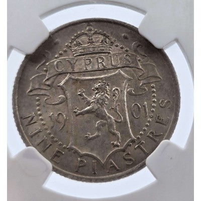 CYPRUS 9 PIASTRE SILVER COIN QUEEN VICTORIA 1901 NGC AU58