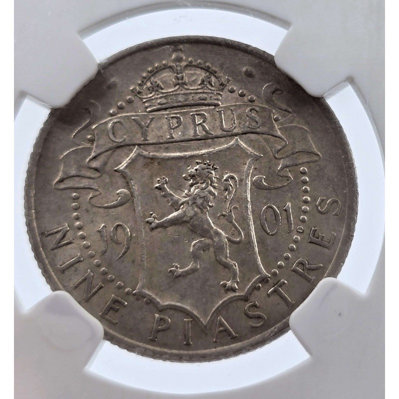 CYPRUS 9 PIASTRE SILVER COIN QUEEN VICTORIA 1901 NGC AU58 WORLD COINS