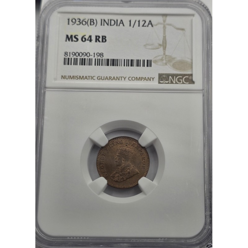 BRITISH INDIA 1/12 ANNA COIN 1936 B KGV NGC MS64RB WORLD COINS