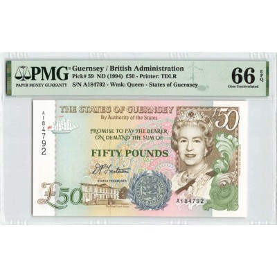Guernsey ND (1994) P59 PMG Gem UNC 66 EPQ 50 Pounds QEII QUEEN ELIZABETH  Banknote