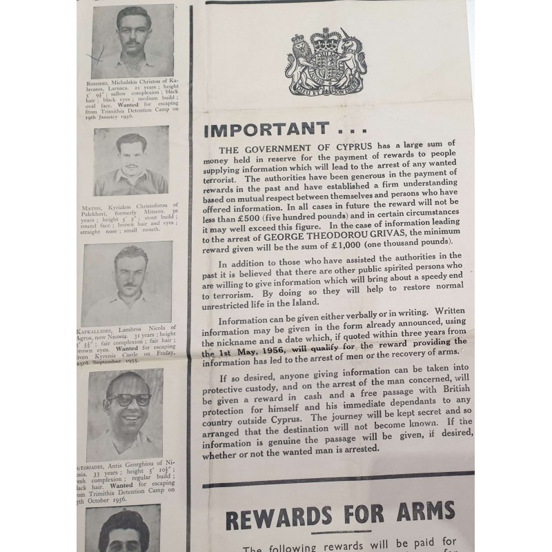CYPRUS EOKA 1957 OUTDOOR WALL POSTER OF WANTED EOKA FIGHTERS ANTIQUES & OTHER COLLECTIBLES