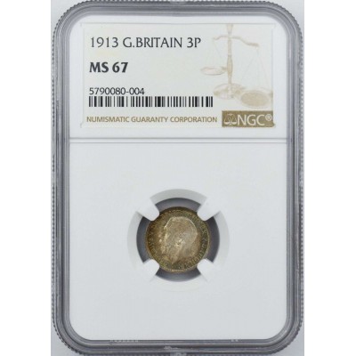 UK GREAT BRITAIN SILVER 3 PENCE 1913 NGC MS 67 POP 1