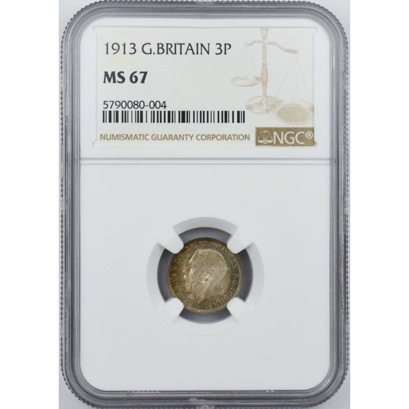 UK GREAT BRITAIN SILVER 3 PENCE 1913 NGC MS 67 POP 1 WORLD COINS