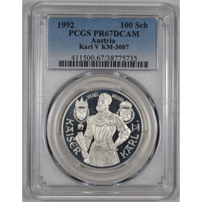 AUSTRIA 1992 SILVER PROOF 100 SCHILLING COIN PCGS PF67 DCA