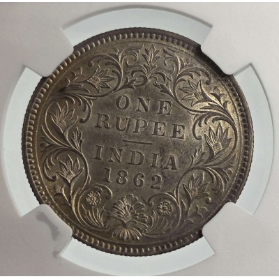 British India Silver 1 rupee 1862 Victoria Gothic style NGC MS62