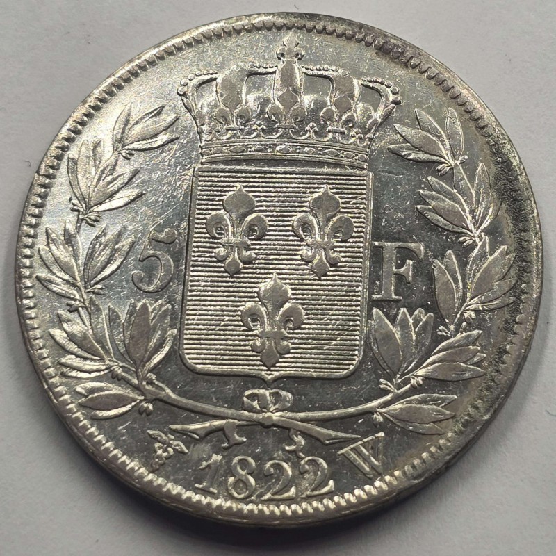 France Louis XVIII Silver 5 Francs coin 1822 W RARE WORLD COINS