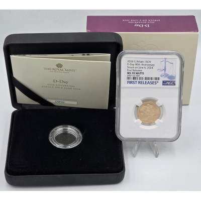 UK 2024 D-DAY Gold Sovereign Matte NGC MS70 Struck on the day