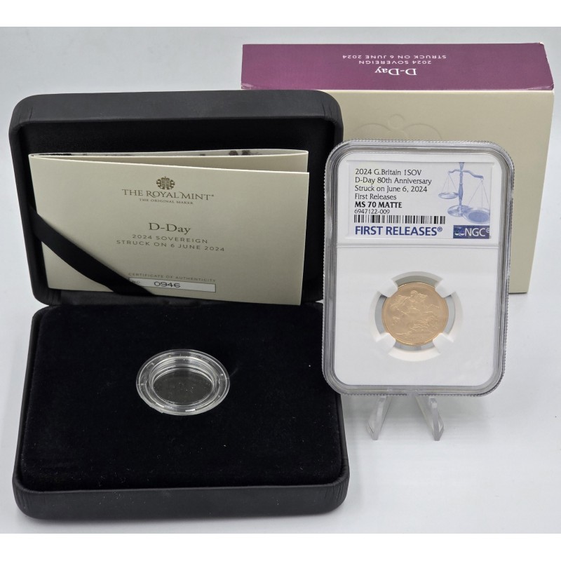 UK 2024 D-DAY Gold Sovereign Matte NGC MS70 Struck on the day WORLD COINS